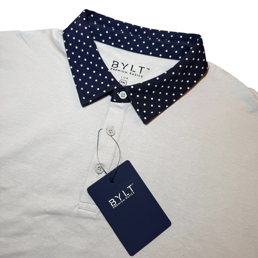 BYLT Premium Basics Lux Polo Shirt Mens XXL Stone Gray Navy Polka Dot S/S
